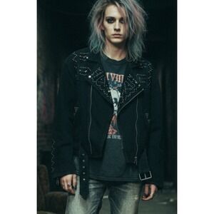 Vtg Morgan Wear Black Denim Zipper Belt Corset Back Denim Jacket Coat L 80's